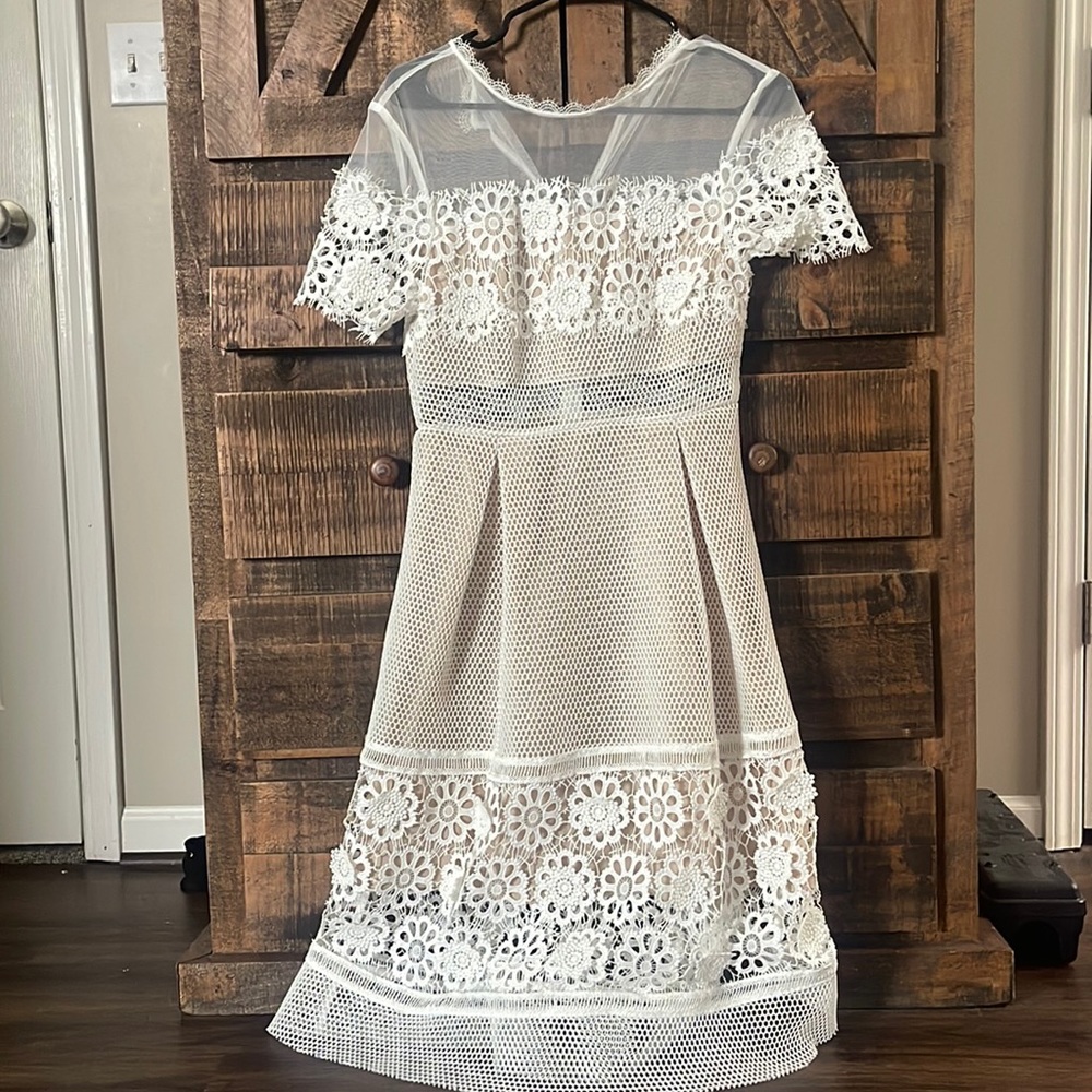White midi dress with tan underneath